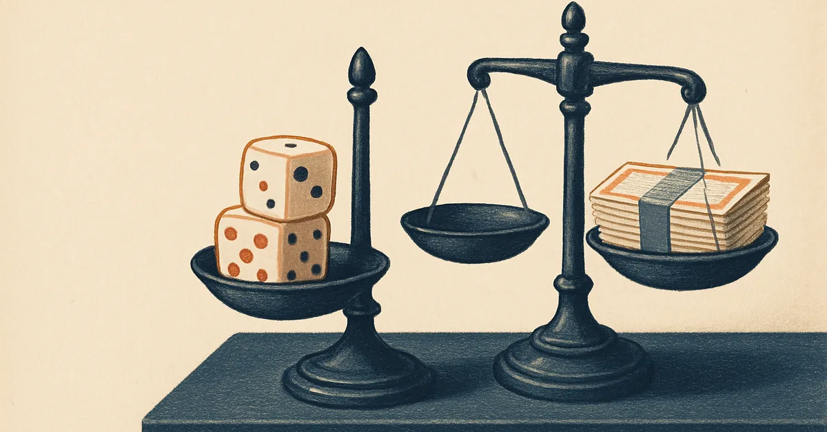 Two balance scales weighing dice against paper certificates, illustrating whether prediction markets are gambling and where they are legal