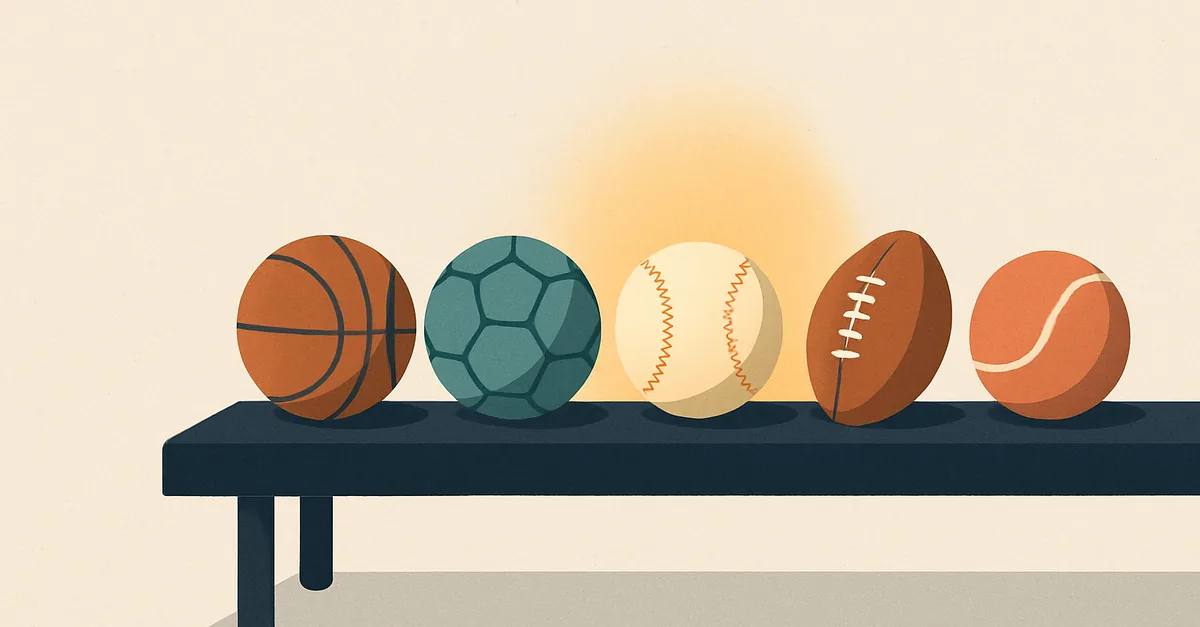 Five sports balls on a bench with one under a spotlight, illustrating our ranking of the best sports prediction sites