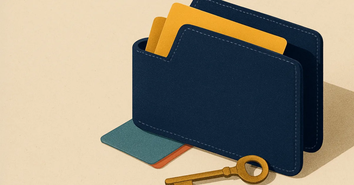 A navy wallet with blank cards and a brass key, illustrating how to fund Polymarket and the Polymarket US deposit methods