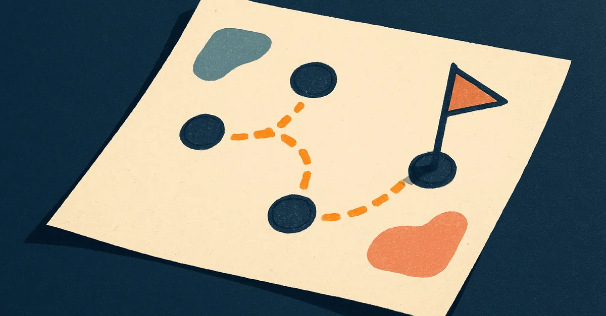 A paper map with a dotted route to a flag, illustrating a step-by-step guide to the Polymarket app