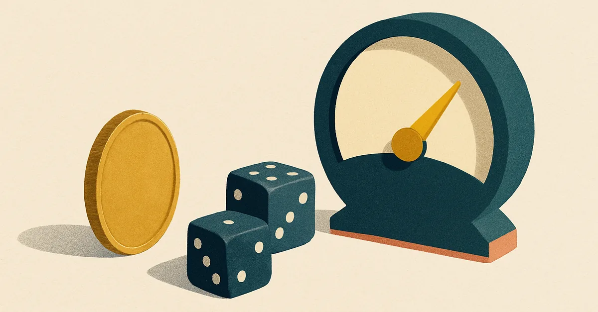 A coin, two dice and a gauge, illustrating how to read implied probability in prediction markets from a contract price