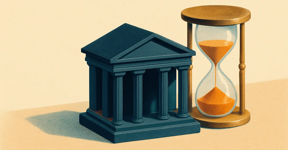 A columned exchange building beside a sand timer, illustrating our Kalshi review of a CFTC-regulated US prediction market