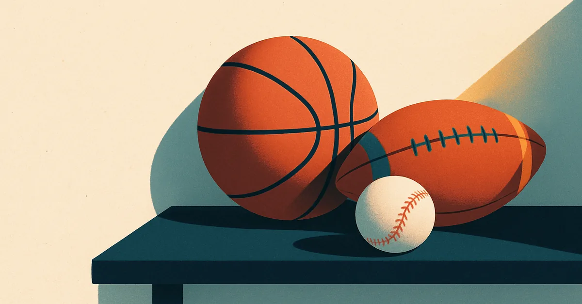 A basketball, football and baseball on a shelf, illustrating Kalshi sports event contracts for the NFL, NBA and MLB