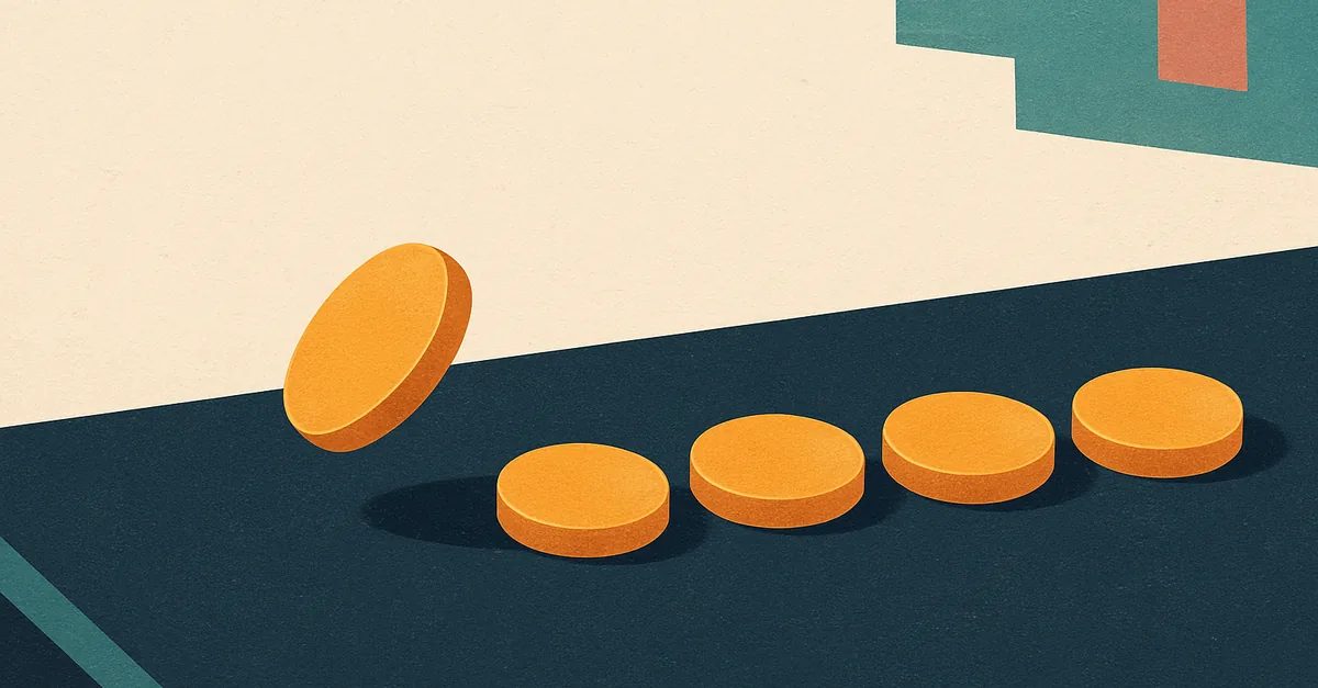 Five amber tokens in a row, illustrating the five $10 trade credits in Novig's promo code offer for new members