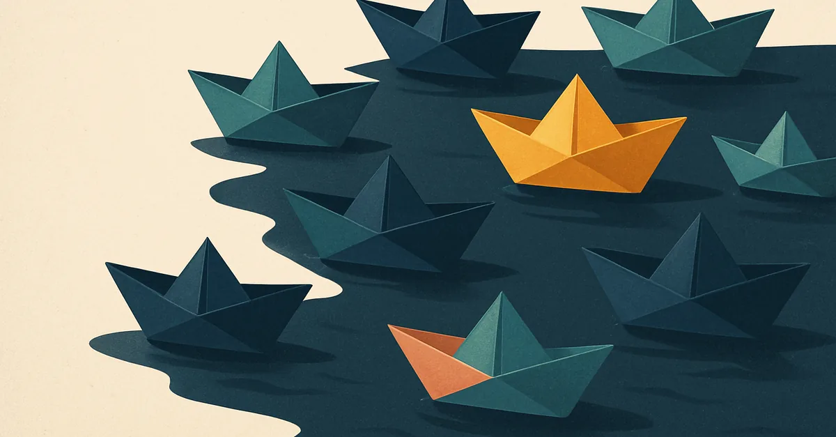 Paper boats on navy water with one amber boat standing out, illustrating Polymarket alternatives and other prediction market sites
