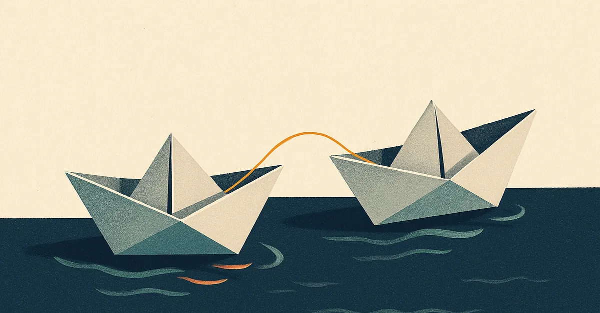 Two paper boats linked by a thread, illustrating how a Polymarket referral code connects a new user to a friend