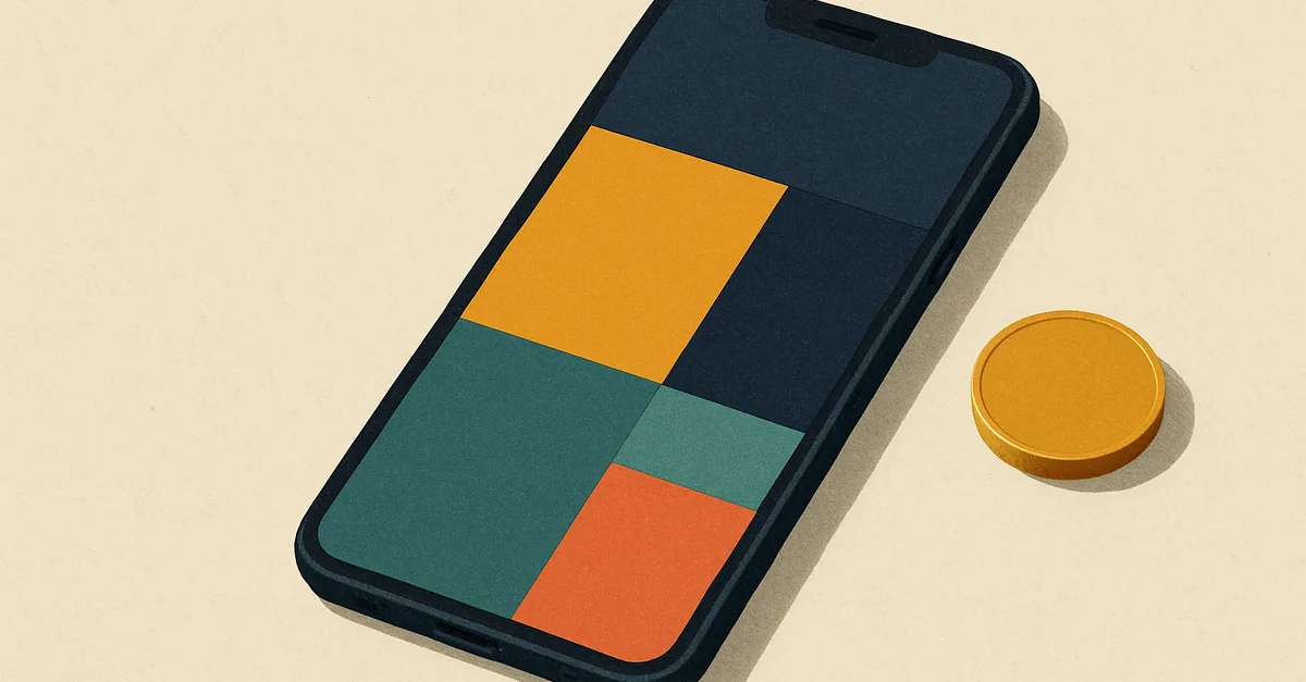 A smartphone with an abstract app screen beside a coin, illustrating our Polymarket review of the Polymarket US app