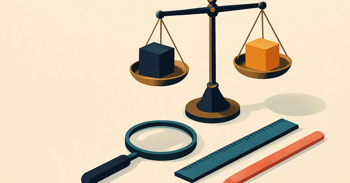 A balance scale, magnifying glass and ruler, illustrating our prediction market ranking methodology