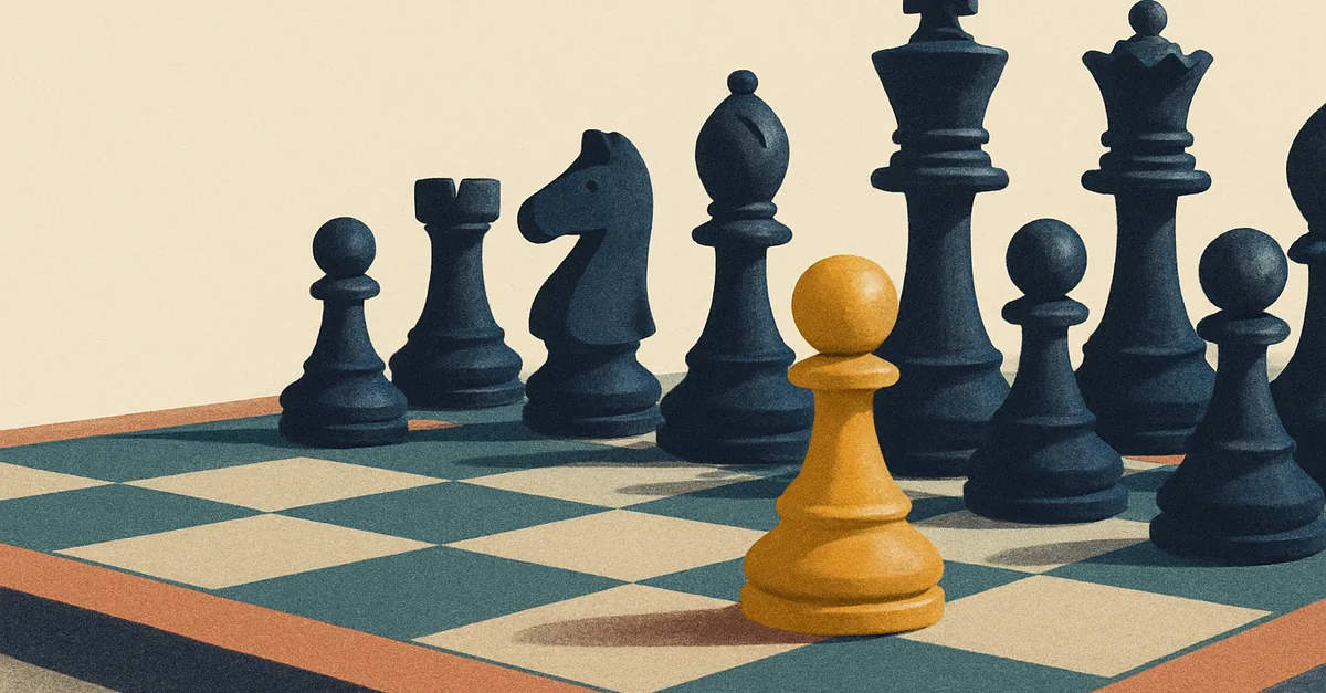 A single amber chess pawn advancing among navy pieces, illustrating prediction market strategy, edge and sizing