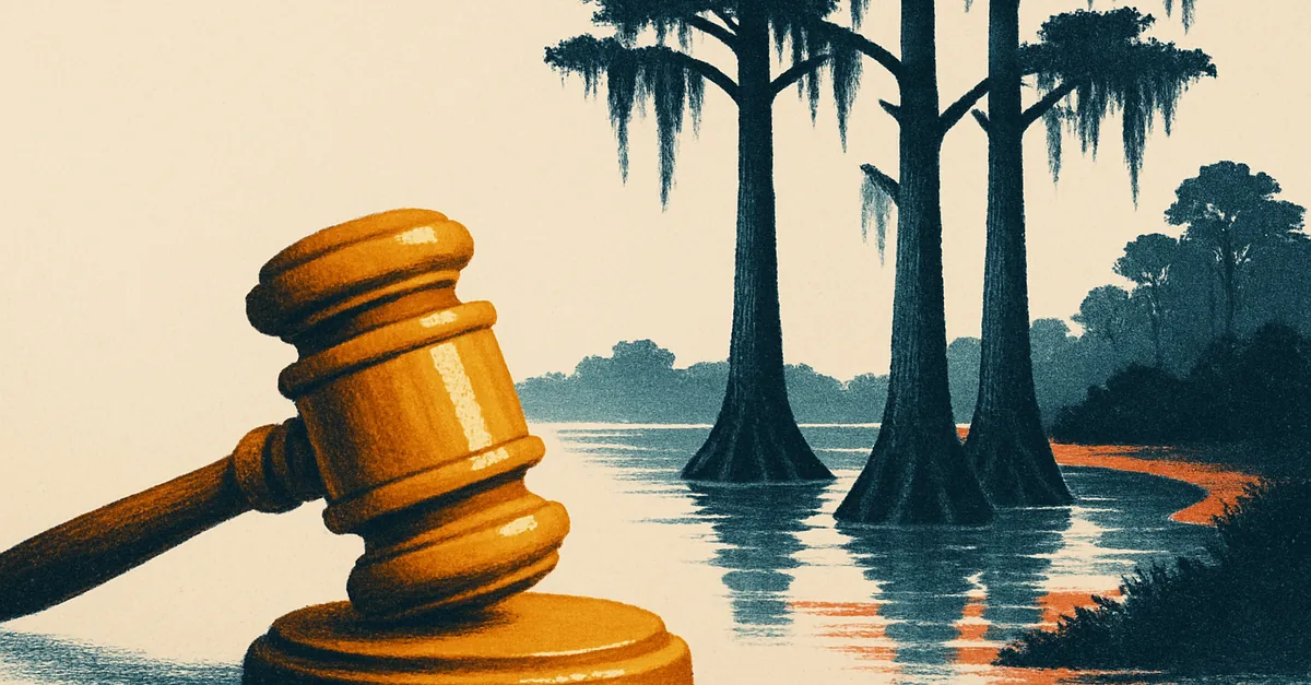 A brass gavel on a riverside stump beneath longleaf pines and Spanish moss, illustrating the question: are prediction markets legal in Alabama?
