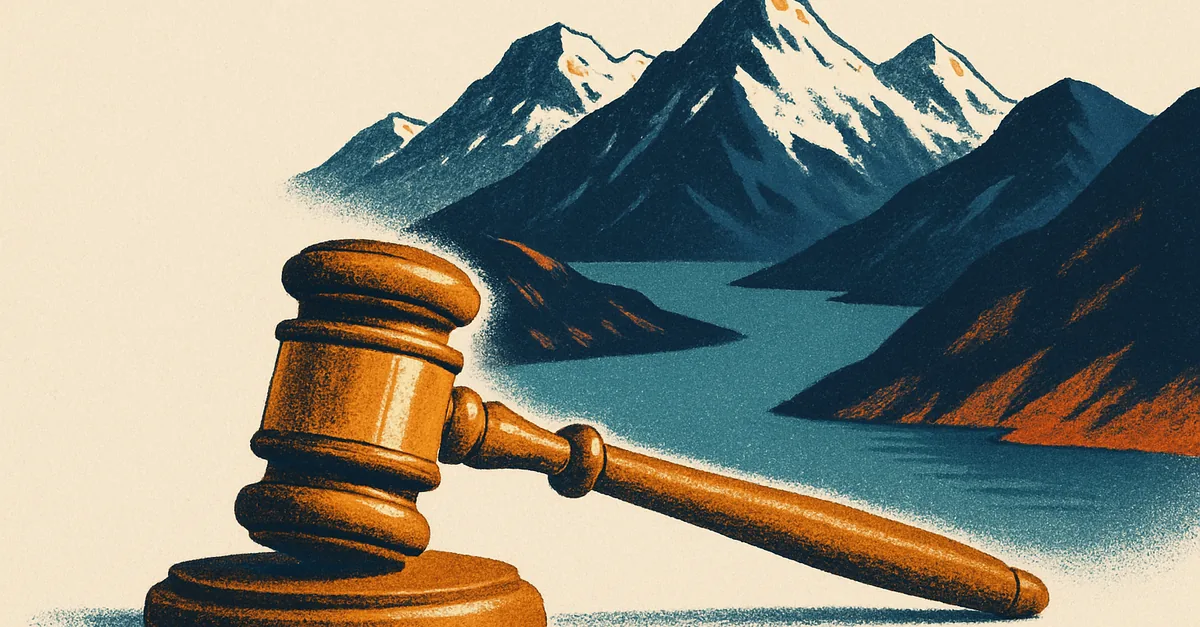 A brass gavel on a weathered dock post before snowy mountains and a glacier-blue fjord, illustrating the question: are prediction markets legal in Alaska?