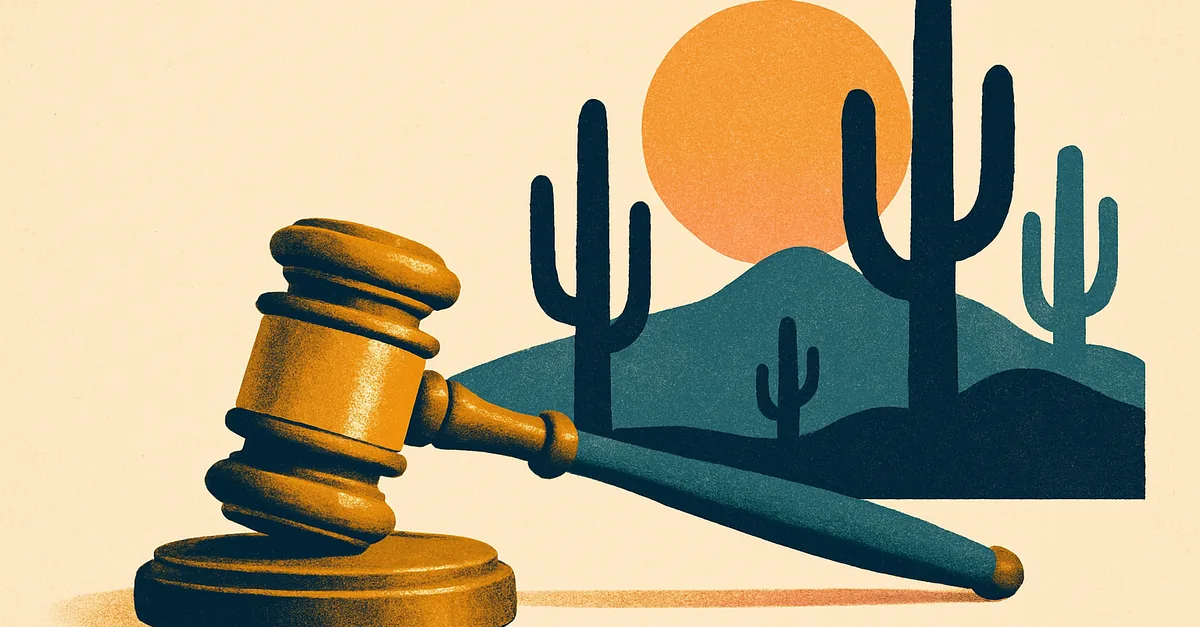 A brass gavel on a sandstone ledge with saguaro cacti silhouetted at desert dusk, illustrating the question: are prediction markets legal in Arizona?