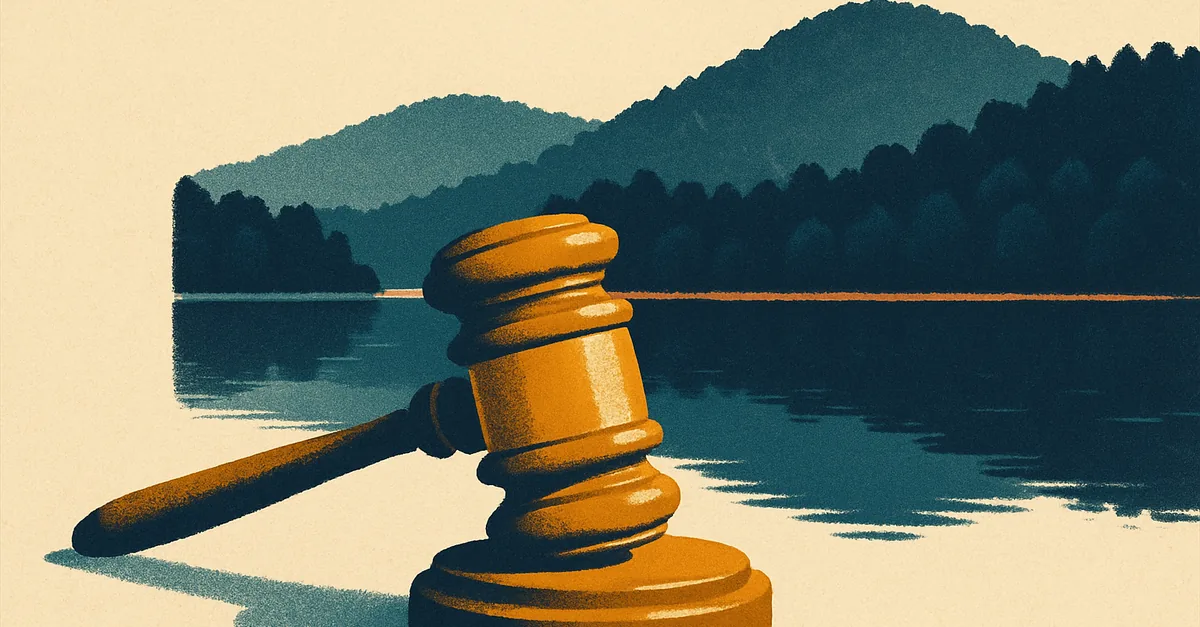 A brass gavel on a lakeside rock before forested Ozark hills reflected in calm water, illustrating the question: are prediction markets legal in Arkansas?