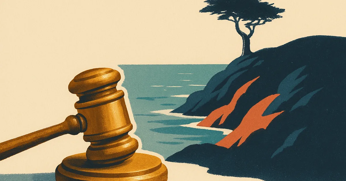 A brass gavel on a weathered wooden fence post above a coastal hillside with a lone cypress, illustrating the question: are prediction markets legal in California?