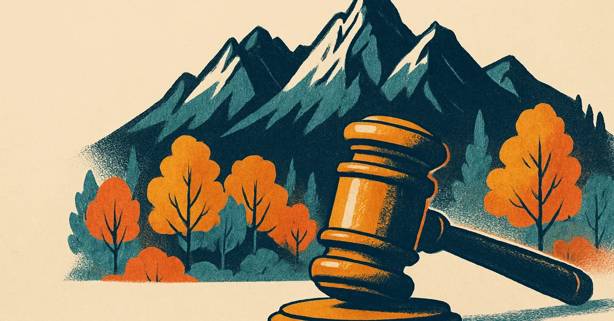 A brass gavel on a granite boulder before Rocky Mountain peaks and golden aspens, illustrating the question: are prediction markets legal in Colorado?