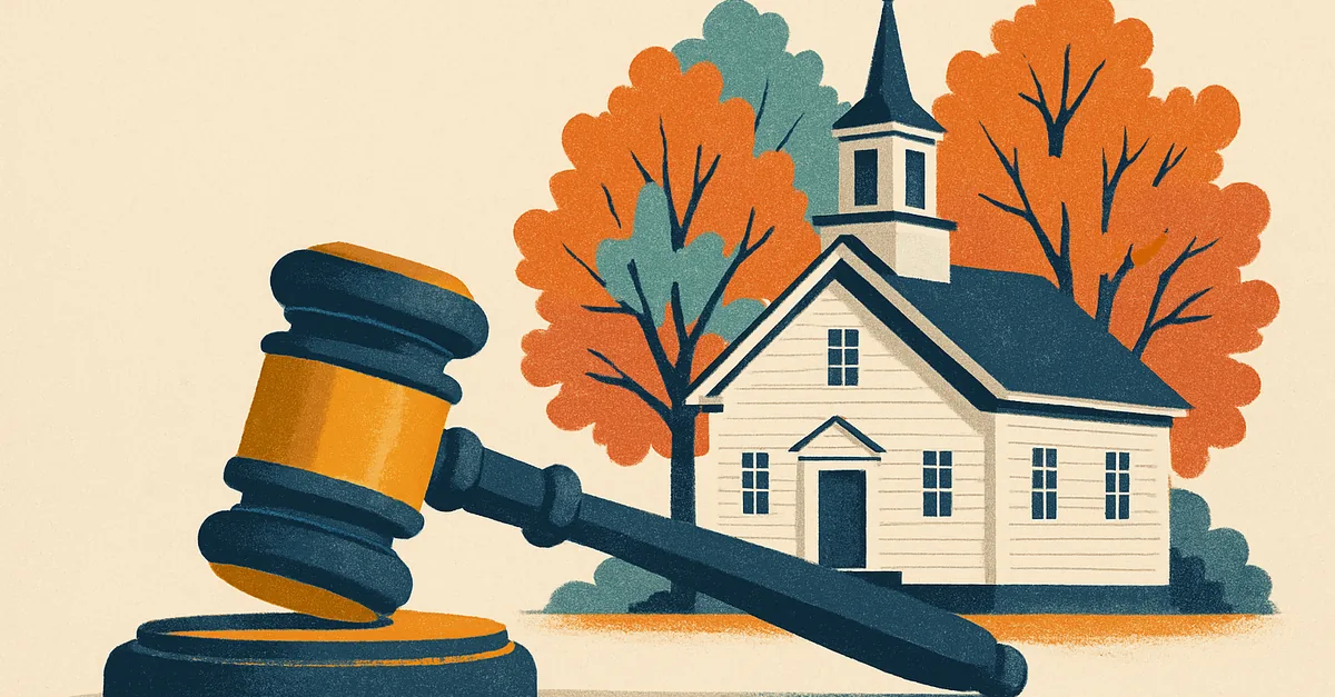 A brass gavel on a stone wall before a white New England meeting house and autumn maples, illustrating the question: are prediction markets legal in Connecticut?