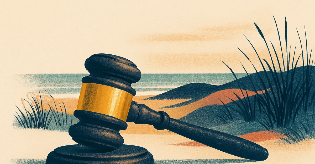 A brass gavel on a weathered fence slat among sea grass and sand dunes at dawn, illustrating the question: are prediction markets legal in Delaware?