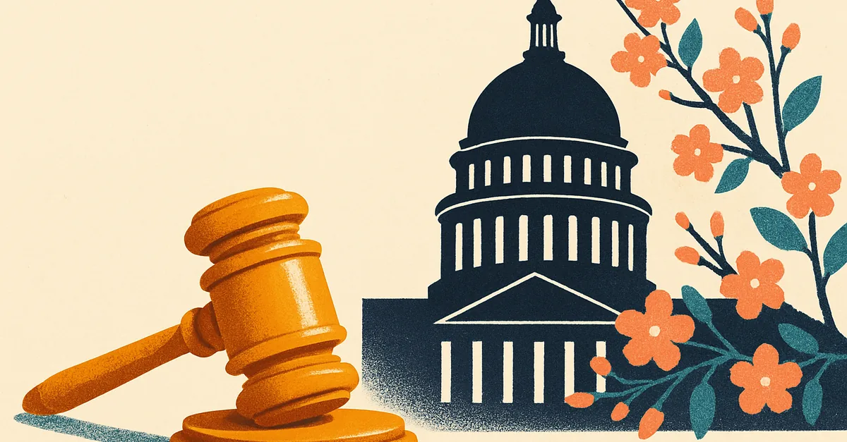 A brass gavel on a stone balustrade with cherry blossoms and a white neoclassical dome beyond, illustrating the question: are prediction markets legal in DC?