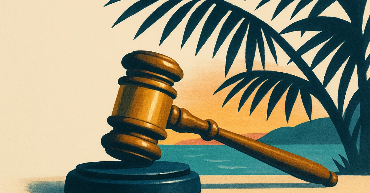 A brass gavel resting on a beach boardwalk rail with palm fronds and a calm shoreline, illustrating the question: are prediction markets legal in Florida?