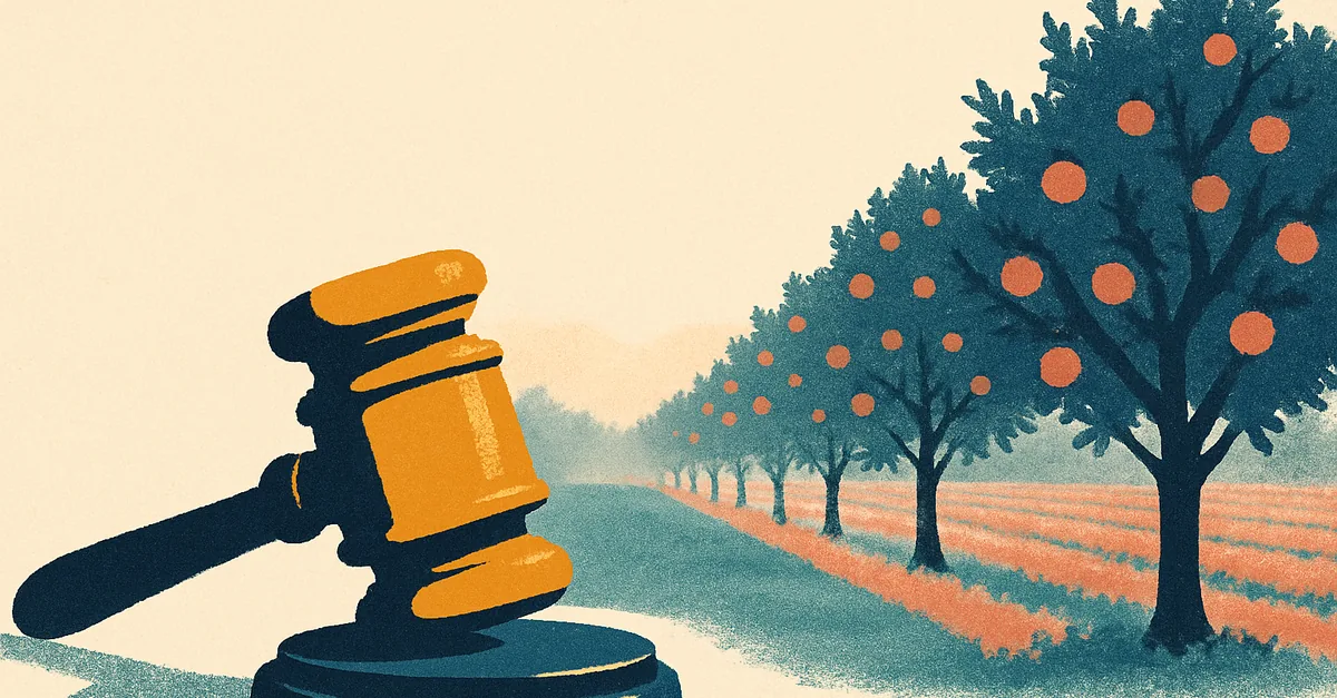 A brass gavel on a wooden crate beside ripe peaches in an orchard row, illustrating the question: are prediction markets legal in Georgia?
