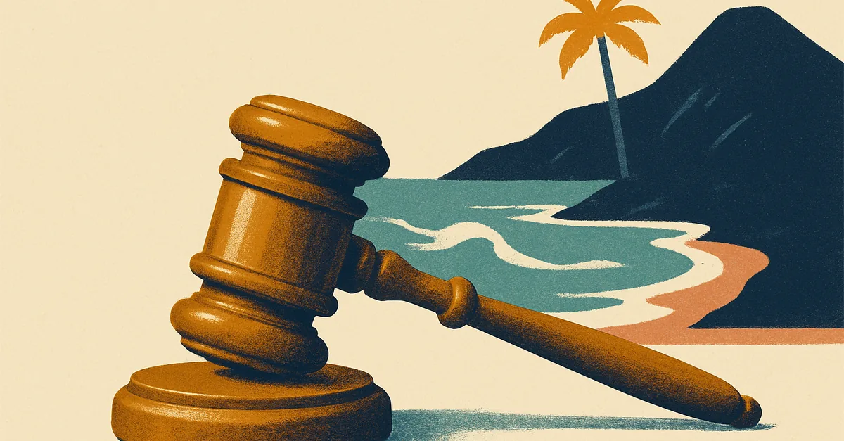 A brass gavel on black lava rock beside turquoise surf and a lone palm tree, illustrating the question: are prediction markets legal in Hawaii?