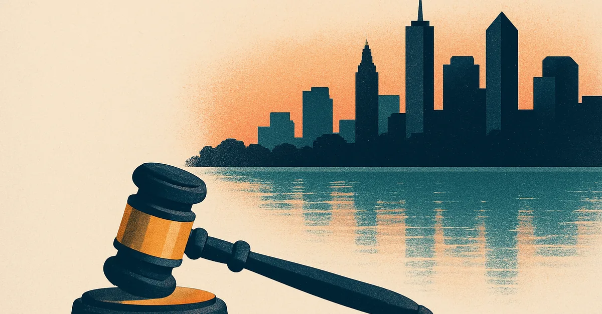 A brass gavel on a lakeside railing with a generic city skyline across calm water at dusk, illustrating the question: are prediction markets legal in Illinois?