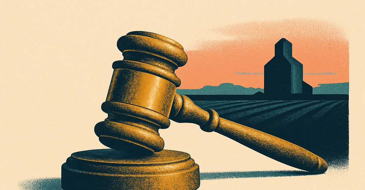 A brass gavel on a fence rail before flat farmland and a grain elevator silhouette at dusk, illustrating the question: are prediction markets legal in Indiana?