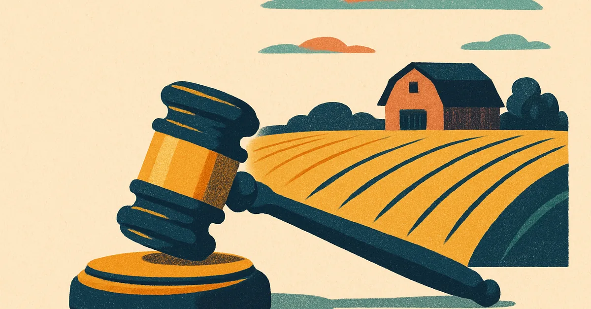 A brass gavel on a fence rail before rolling cornfields and a red barn, illustrating the question: are prediction markets legal in Iowa?