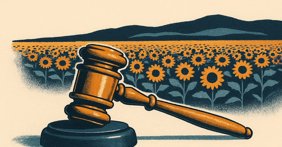 A brass gavel on a fence post beside a sunflower field stretching to a prairie horizon, illustrating the question: are prediction markets legal in Kansas?