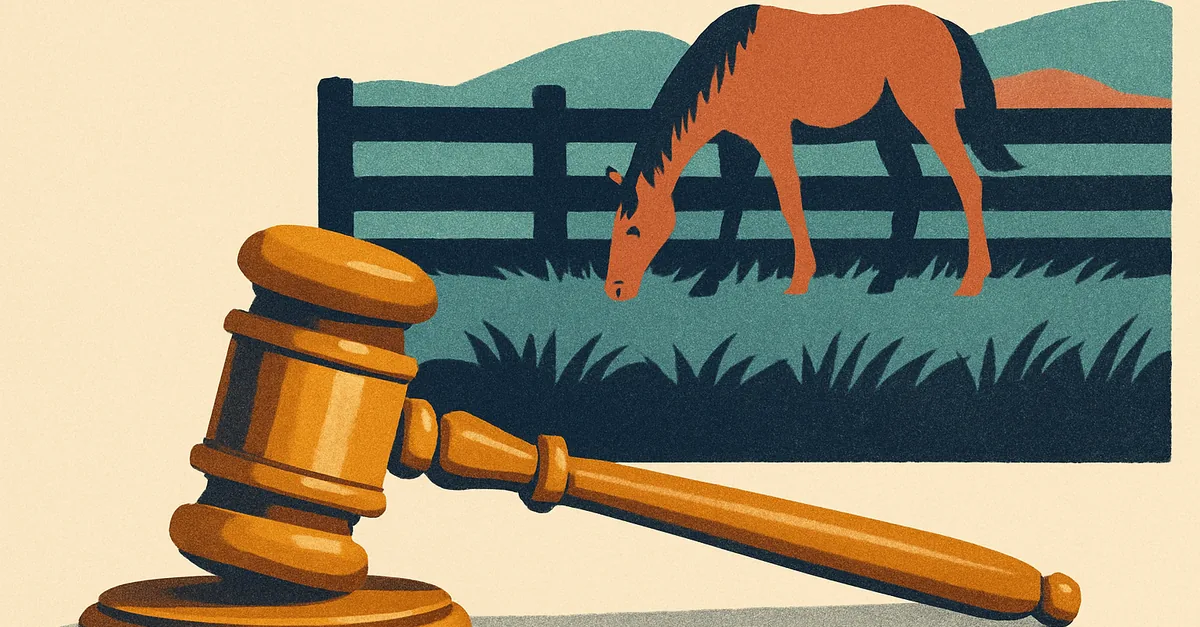A brass gavel on a dark plank fence post with a horse grazing in a green paddock, illustrating the question: are prediction markets legal in Kentucky?