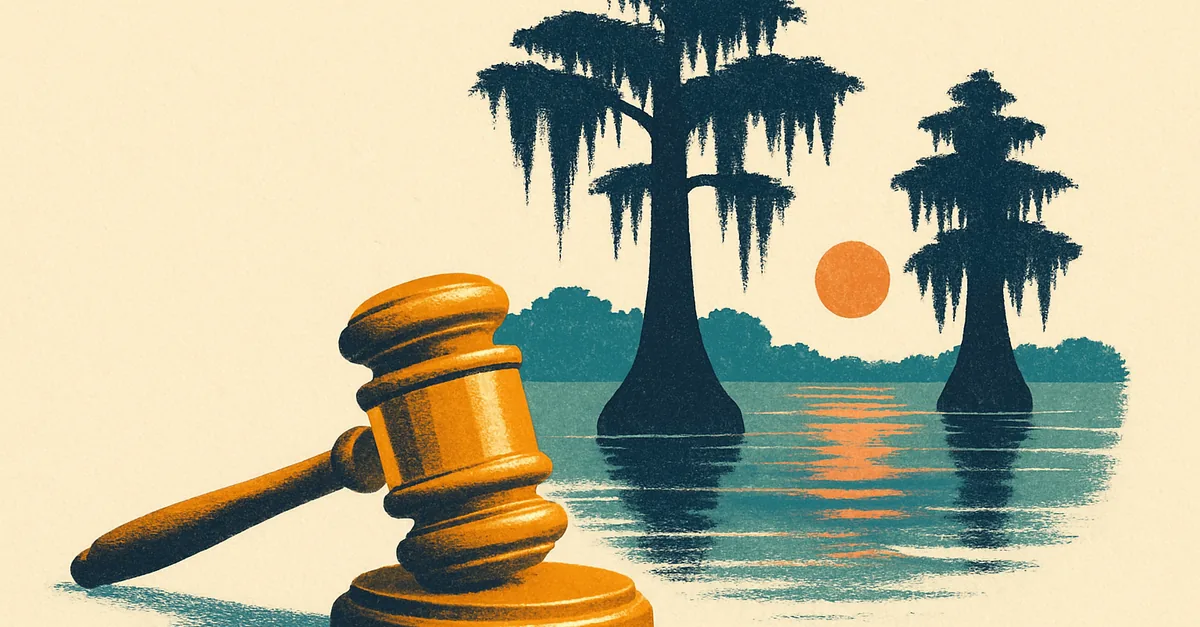 A brass gavel on a bayou dock post with cypress trees and hanging moss at golden hour, illustrating the question: are prediction markets legal in Louisiana?