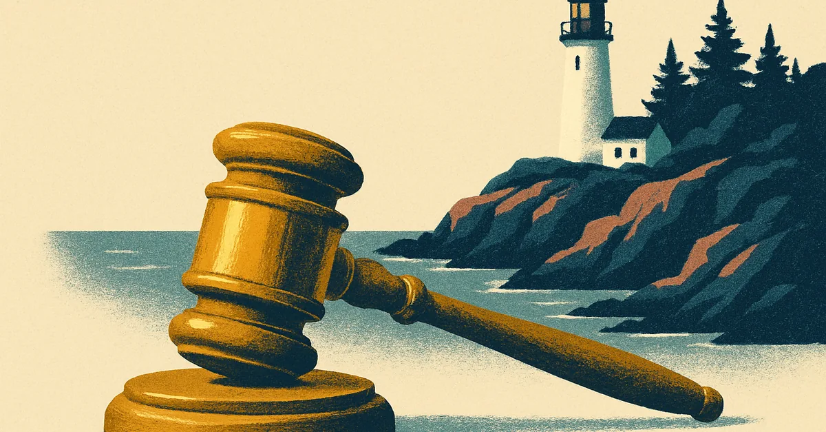 A brass gavel on a granite ledge above a rocky coast with pines and a lighthouse, illustrating the question: are prediction markets legal in Maine?
