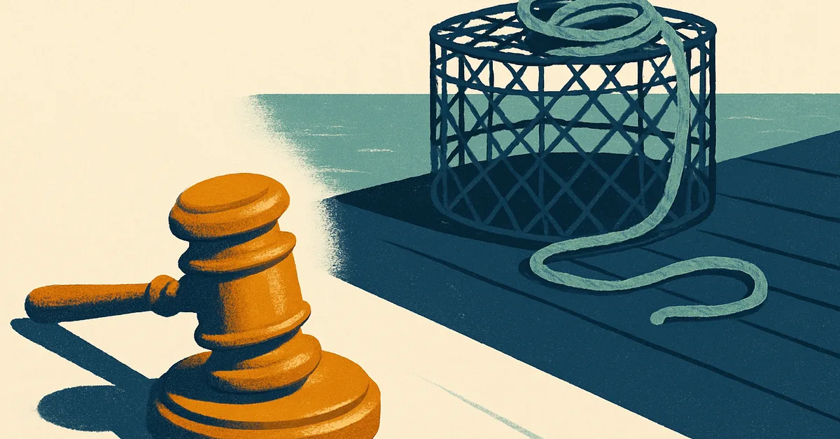 A brass gavel on a weathered dock beside a crab trap and coiled rope at the bay, illustrating the question: are prediction markets legal in Maryland?