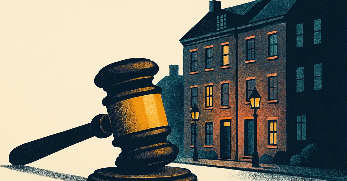 A brass gavel on a stone step on a brick rowhouse street lit by gas lamps, illustrating the question: are prediction markets legal in Massachusetts?