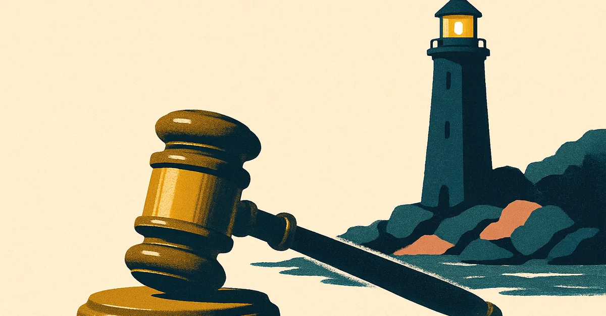 A brass gavel on a rocky lakeshore with a white lighthouse in the distance, illustrating the question: are prediction markets legal in Michigan?