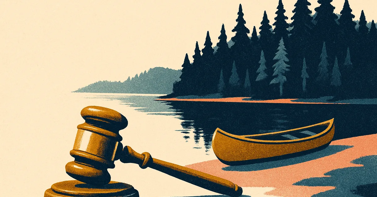 A brass gavel on the bow of a canoe at the edge of a still pine-ringed lake, illustrating the question: are prediction markets legal in Minnesota?