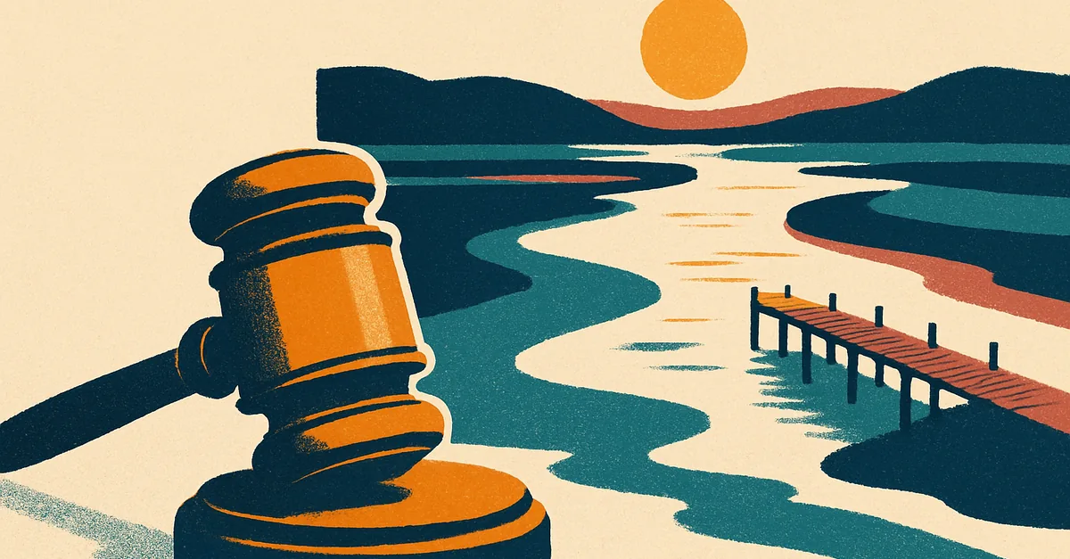 A brass gavel on a wooden pier over a wide slow river at sunset, illustrating the question: are prediction markets legal in Mississippi?