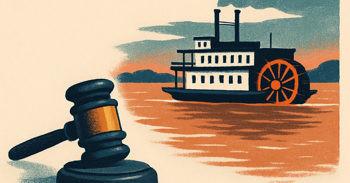 A brass gavel on a riverbank post with a paddle-wheel boat on a wide river at dusk, illustrating the question: are prediction markets legal in Missouri?