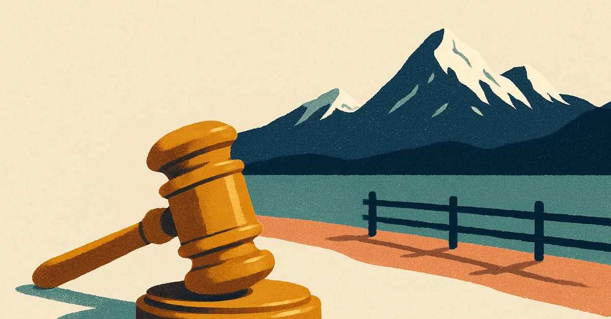 A brass gavel on a ranch fence post in a wide valley below distant snowy peaks, illustrating the question: are prediction markets legal in Montana?