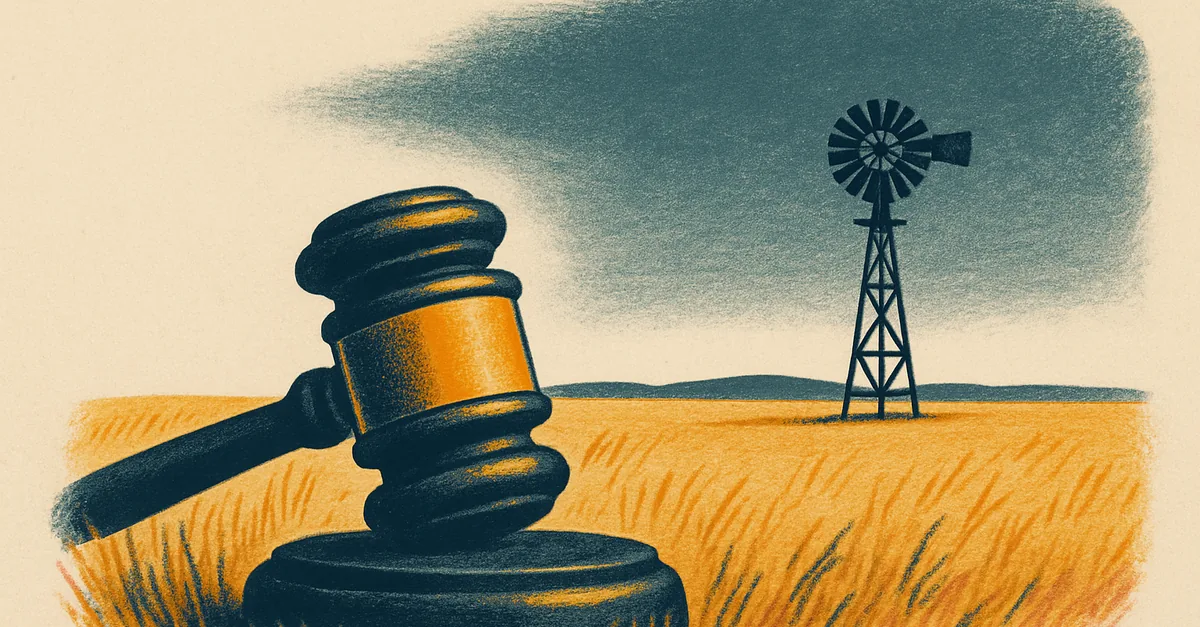 A brass gavel on a fence post in golden prairie grass beside a lone windmill, illustrating the question: are prediction markets legal in Nebraska?
