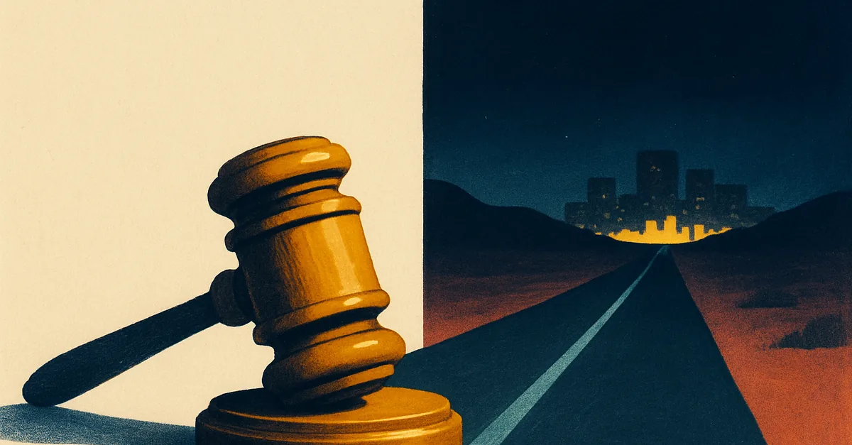 A brass gavel on a desert rock beside an empty highway leading to distant city lights, illustrating the question: are prediction markets legal in Nevada?
