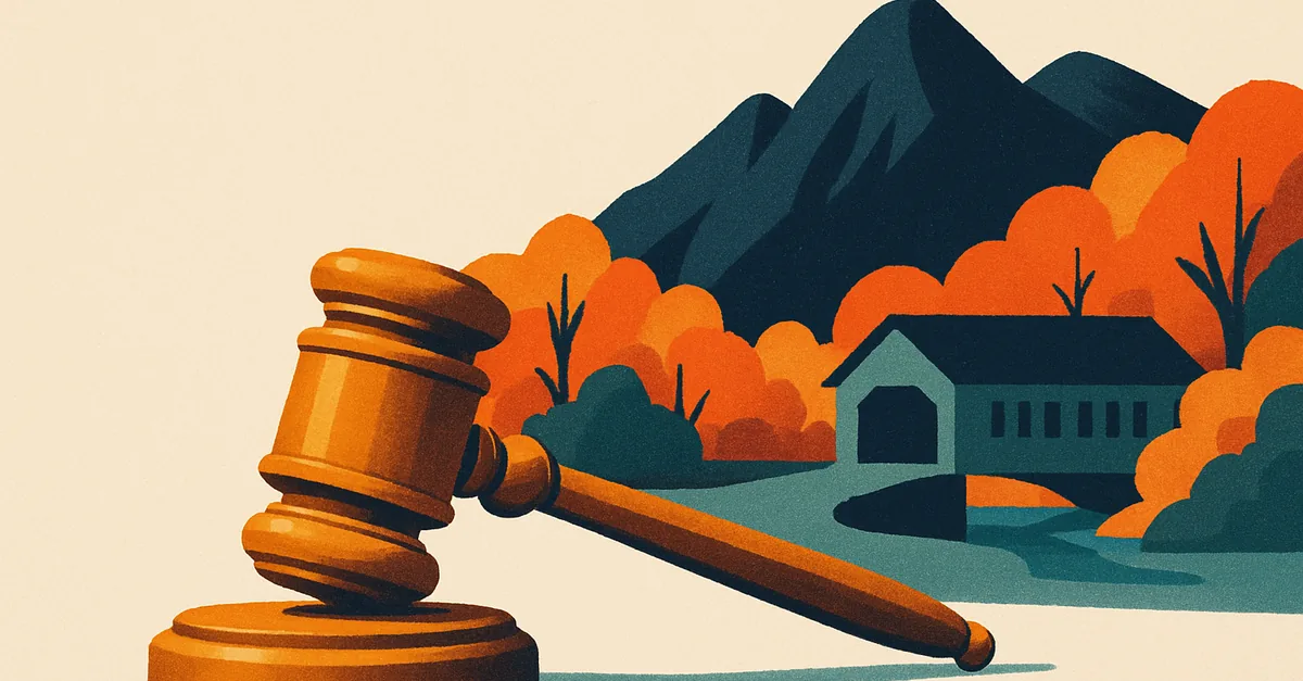 A brass gavel on a granite rock before autumn mountains and a covered bridge, illustrating the question: are prediction markets legal in New Hampshire?