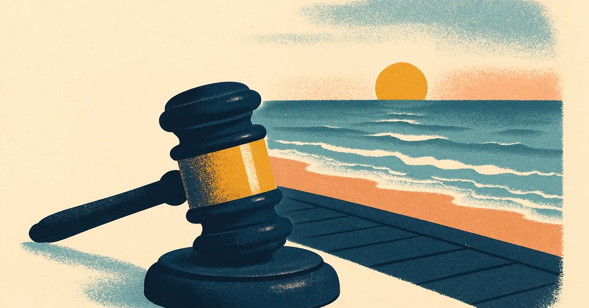 A brass gavel on a boardwalk bench at dawn above a quiet beach, illustrating the question: are prediction markets legal in New Jersey?