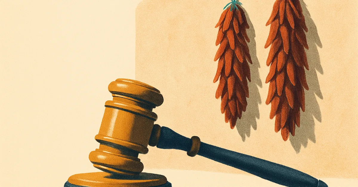 A brass gavel on an adobe ledge beside hanging red chile ristras, illustrating the question: are prediction markets legal in New Mexico?