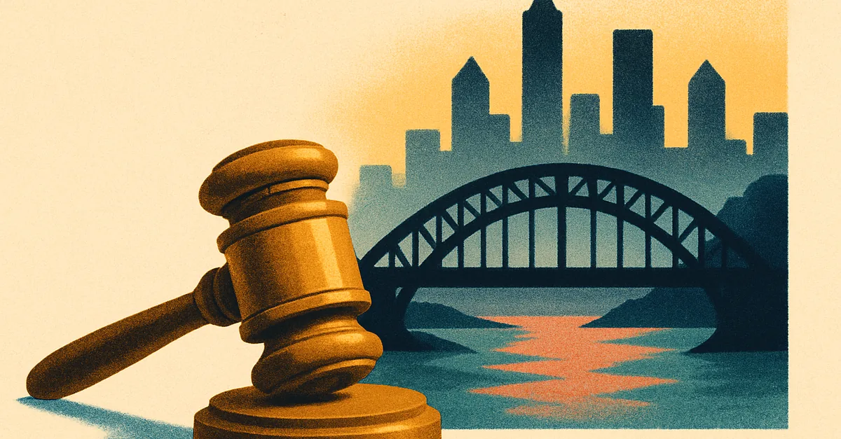 A brass gavel on a riverside railing with an iron bridge and generic towers at blue hour, illustrating the question: are prediction markets legal in New York?