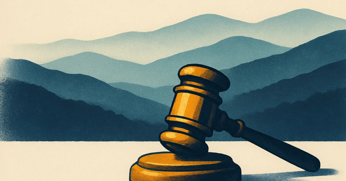 A brass gavel on a wooden overlook rail facing layered blue mountain ridges in mist, illustrating the question: are prediction markets legal in North Carolina?