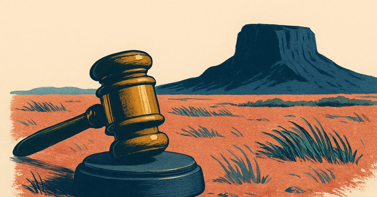 A brass gavel on a fence post on red-earth plains with a distant mesa, illustrating the question: are prediction markets legal in Oklahoma?