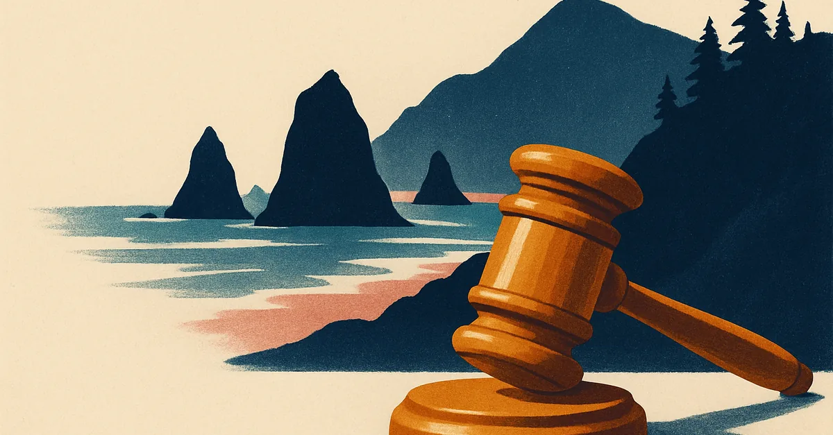 A brass gavel on a driftwood log before misty sea stacks and evergreen headlands, illustrating the question: are prediction markets legal in Oregon?