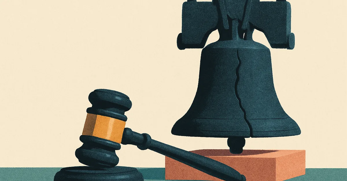 A brass gavel on a plinth beside a large old cracked brass bell with no inscription, illustrating the question: are prediction markets legal in Pennsylvania?