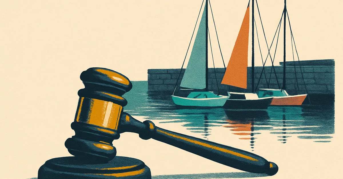 A brass gavel on a stone seawall beside sailboats moored in a calm harbour, illustrating the question: are prediction markets legal in Rhode Island?